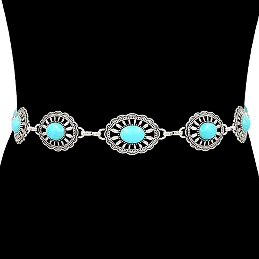 Turquoise & Silver Western Stone Concho Chain Statement Belt
